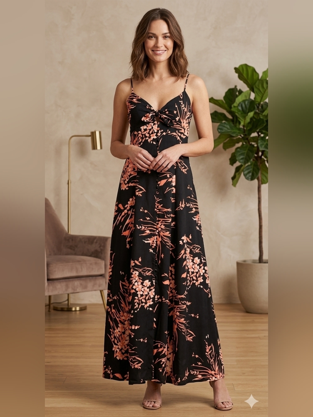 Joie Black Maxi Slip Dress with Blush Floral Print